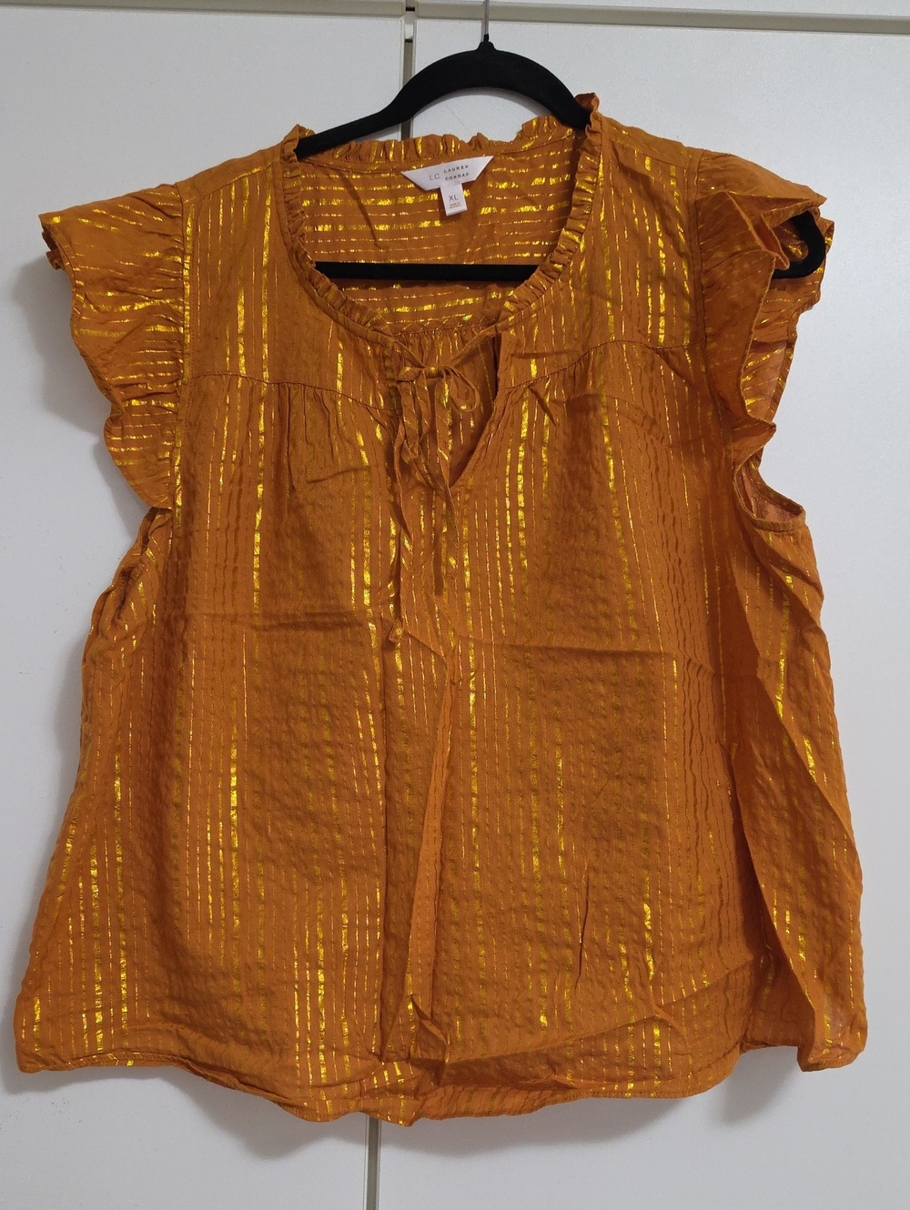 Gold-Striped Flutter Sleeve Tie-Neck Blouse